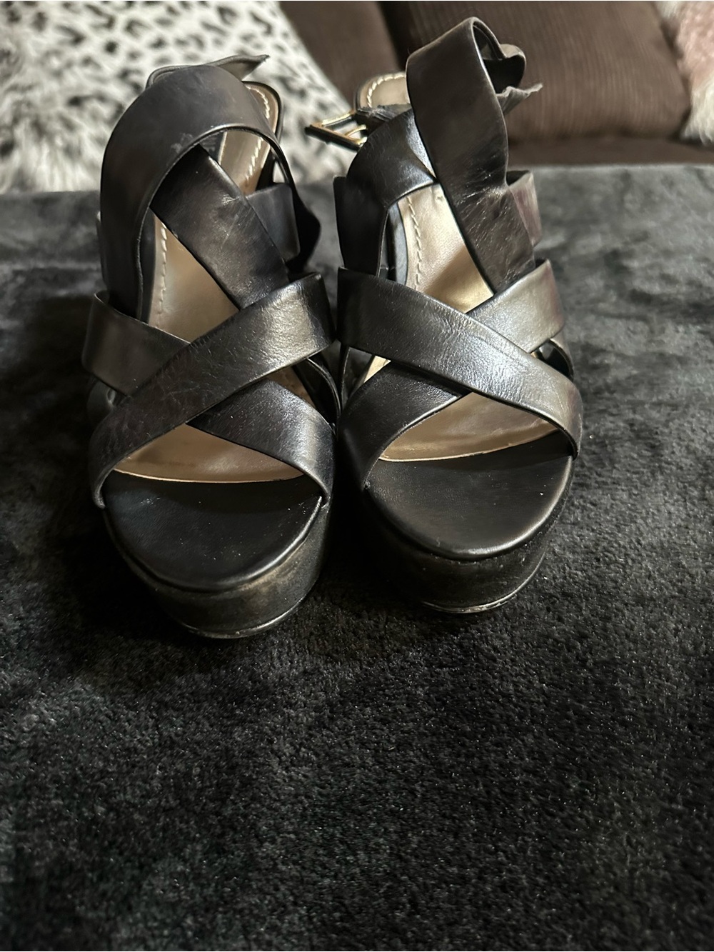 Women’s Black Leather Crisscross Platform Sandals